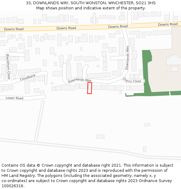 33, DOWNLANDS WAY, SOUTH WONSTON, WINCHESTER, SO21 3HS: Location map and indicative extent of plot