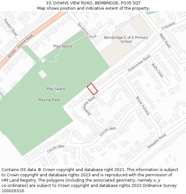 33, DOWNS VIEW ROAD, BEMBRIDGE, PO35 5QT: Location map and indicative extent of plot