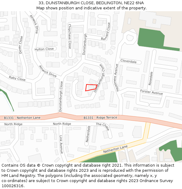 33, DUNSTANBURGH CLOSE, BEDLINGTON, NE22 6NA: Location map and indicative extent of plot