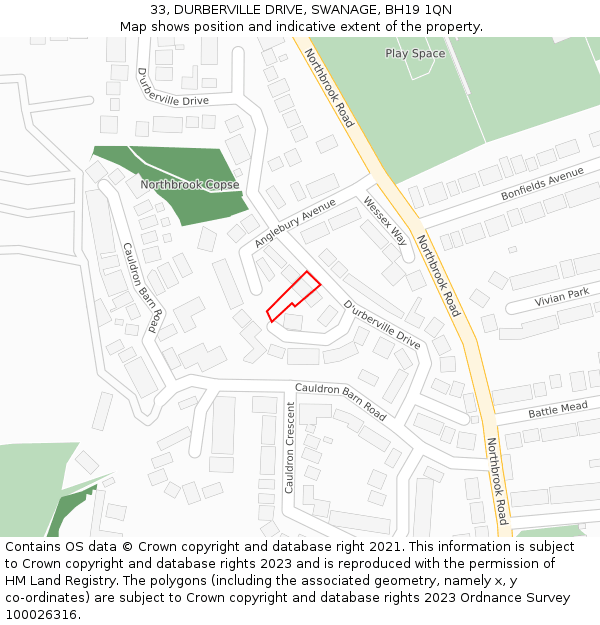 33, DURBERVILLE DRIVE, SWANAGE, BH19 1QN: Location map and indicative extent of plot