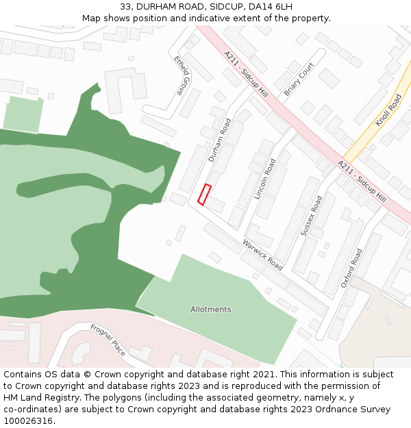 33, DURHAM ROAD, SIDCUP, DA14 6LH: Location map and indicative extent of plot