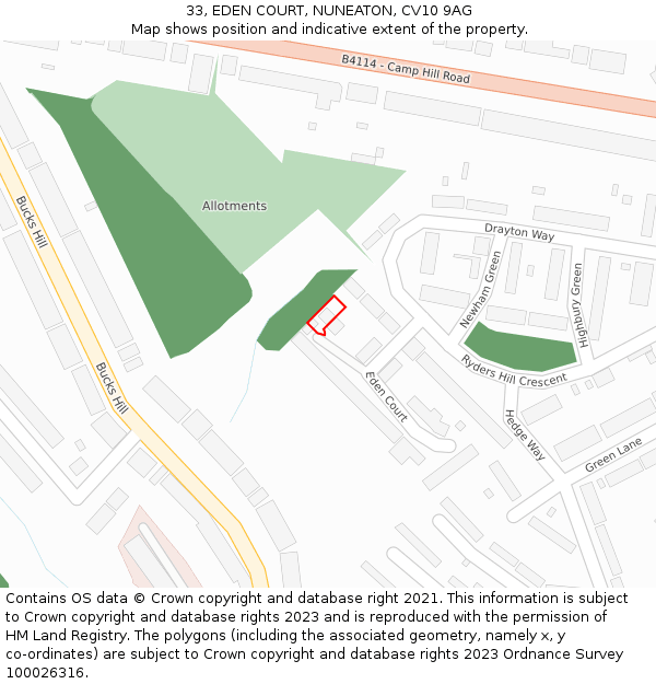 33, EDEN COURT, NUNEATON, CV10 9AG: Location map and indicative extent of plot