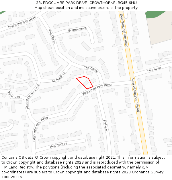 33, EDGCUMBE PARK DRIVE, CROWTHORNE, RG45 6HU: Location map and indicative extent of plot