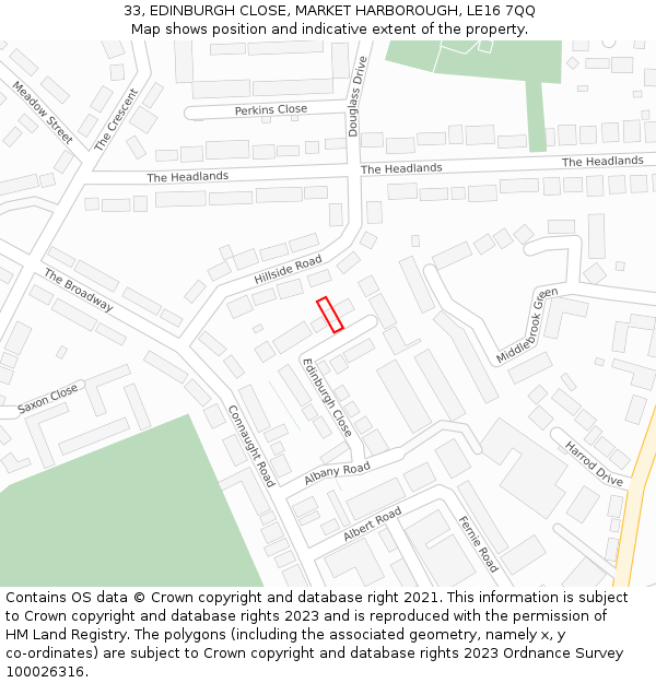 33, EDINBURGH CLOSE, MARKET HARBOROUGH, LE16 7QQ: Location map and indicative extent of plot