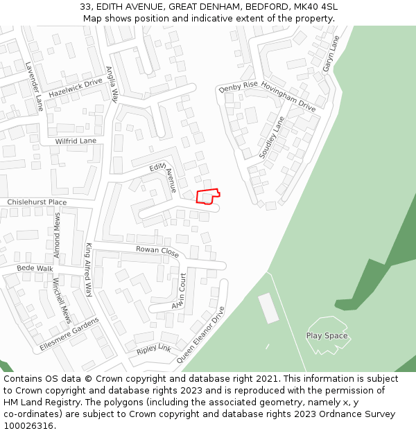 33, EDITH AVENUE, GREAT DENHAM, BEDFORD, MK40 4SL: Location map and indicative extent of plot