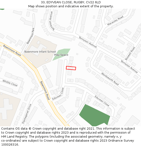 33, EDYVEAN CLOSE, RUGBY, CV22 6LD: Location map and indicative extent of plot