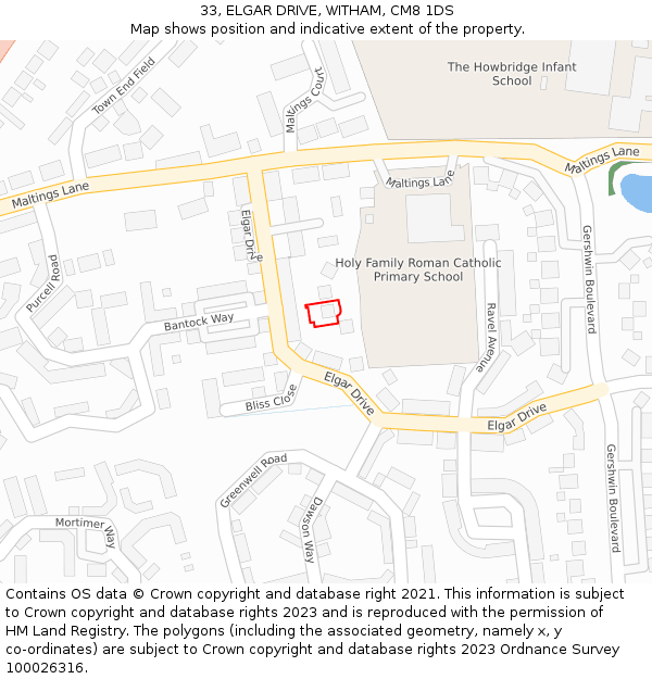 33, ELGAR DRIVE, WITHAM, CM8 1DS: Location map and indicative extent of plot