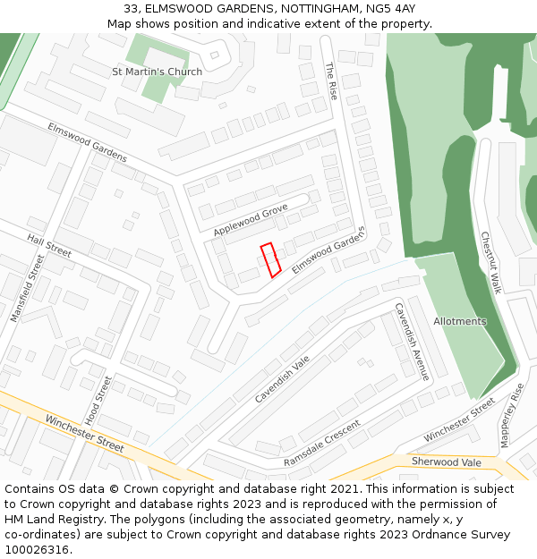 33, ELMSWOOD GARDENS, NOTTINGHAM, NG5 4AY: Location map and indicative extent of plot