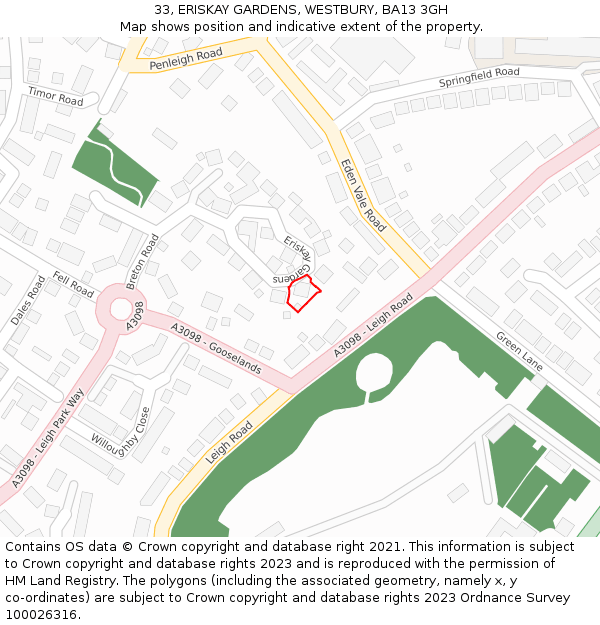 33, ERISKAY GARDENS, WESTBURY, BA13 3GH: Location map and indicative extent of plot