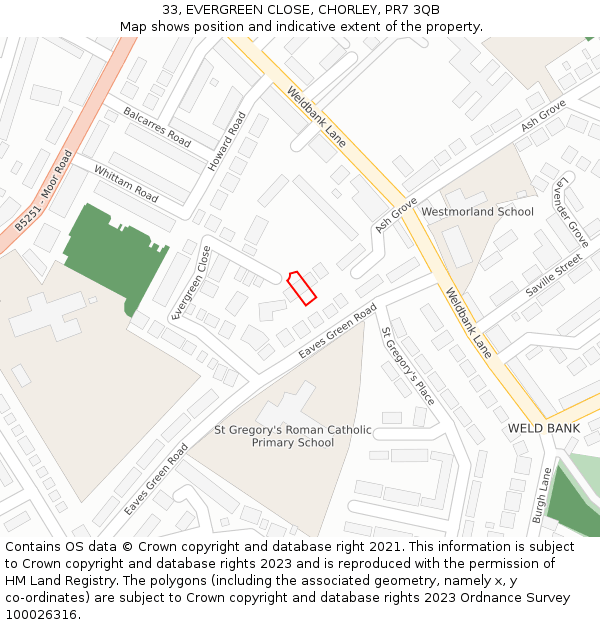 33, EVERGREEN CLOSE, CHORLEY, PR7 3QB: Location map and indicative extent of plot