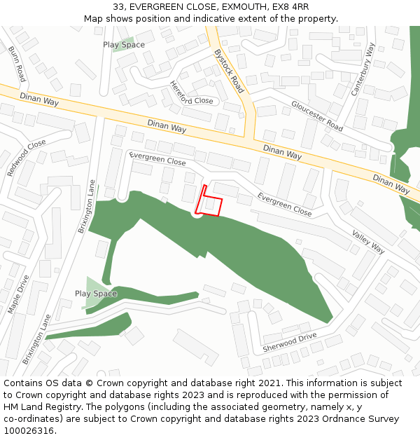 33, EVERGREEN CLOSE, EXMOUTH, EX8 4RR: Location map and indicative extent of plot