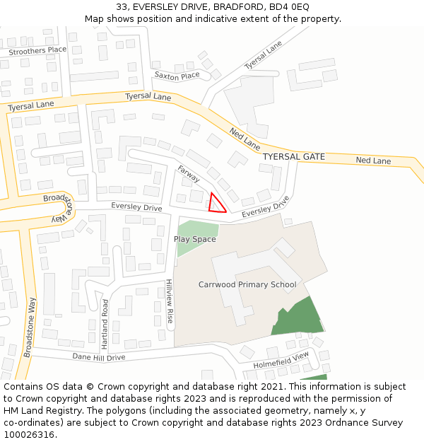 33, EVERSLEY DRIVE, BRADFORD, BD4 0EQ: Location map and indicative extent of plot