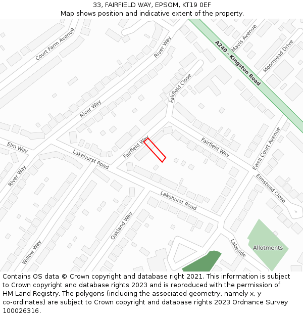 33, FAIRFIELD WAY, EPSOM, KT19 0EF: Location map and indicative extent of plot