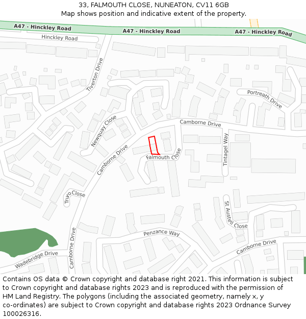 33, FALMOUTH CLOSE, NUNEATON, CV11 6GB: Location map and indicative extent of plot