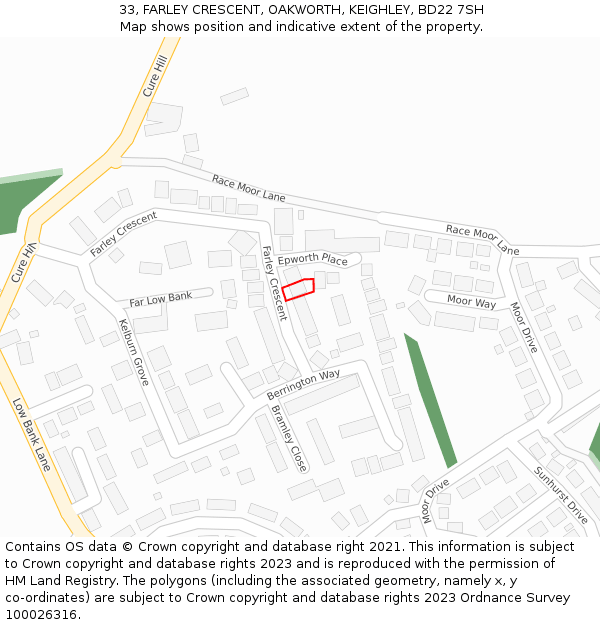 33, FARLEY CRESCENT, OAKWORTH, KEIGHLEY, BD22 7SH: Location map and indicative extent of plot