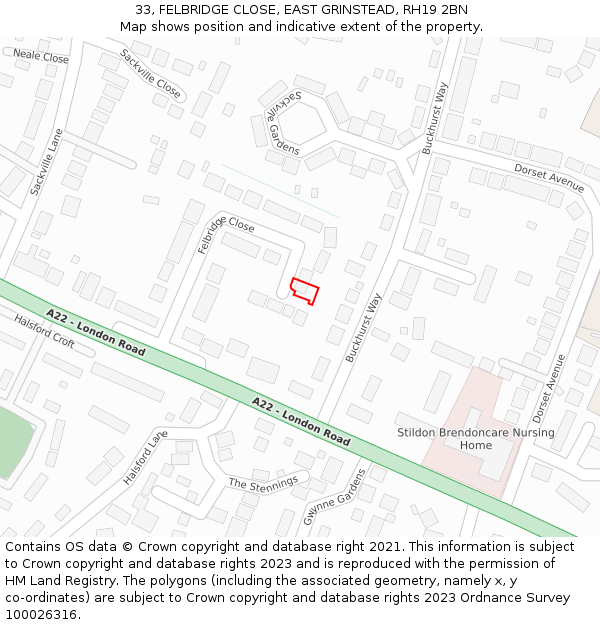 33, FELBRIDGE CLOSE, EAST GRINSTEAD, RH19 2BN: Location map and indicative extent of plot
