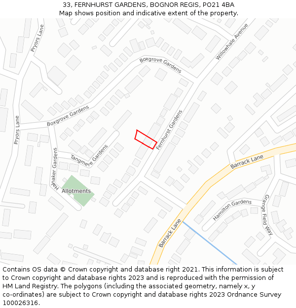 33, FERNHURST GARDENS, BOGNOR REGIS, PO21 4BA: Location map and indicative extent of plot