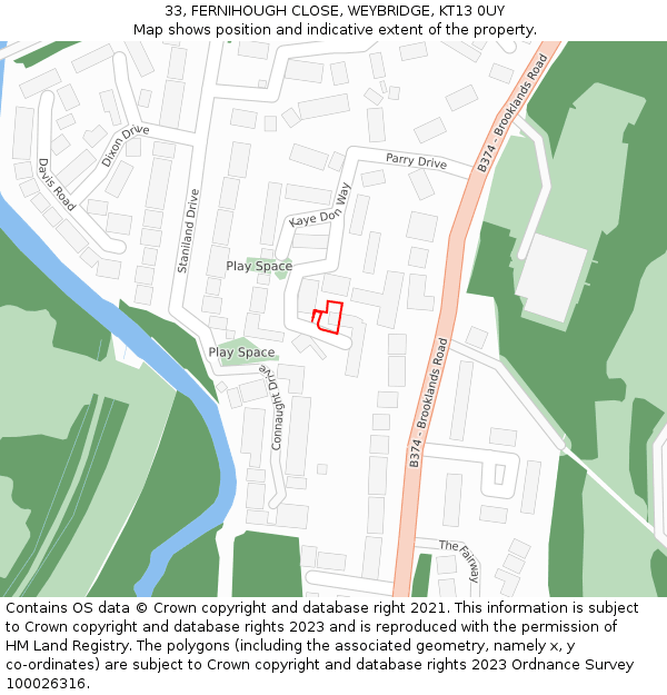 33, FERNIHOUGH CLOSE, WEYBRIDGE, KT13 0UY: Location map and indicative extent of plot