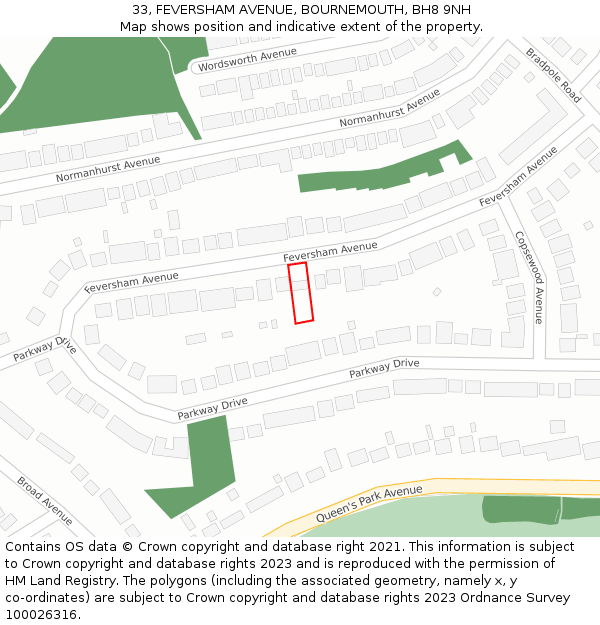 33, FEVERSHAM AVENUE, BOURNEMOUTH, BH8 9NH: Location map and indicative extent of plot