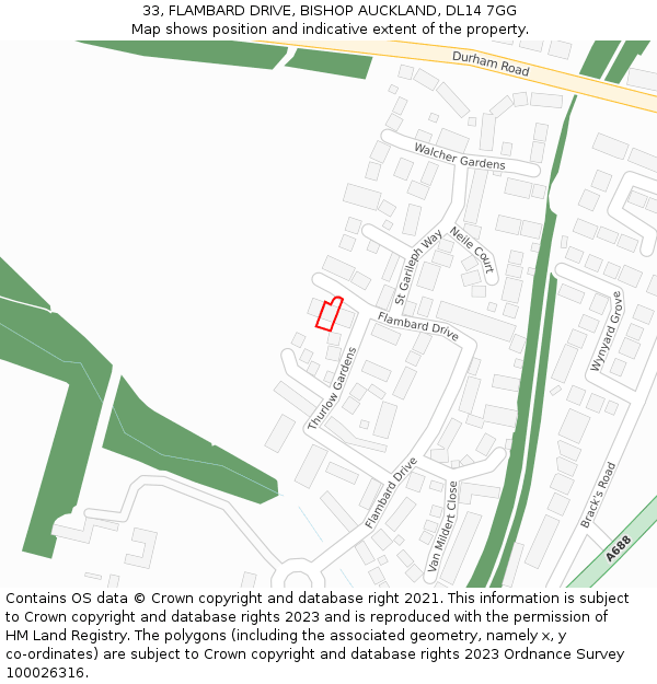 33, FLAMBARD DRIVE, BISHOP AUCKLAND, DL14 7GG: Location map and indicative extent of plot