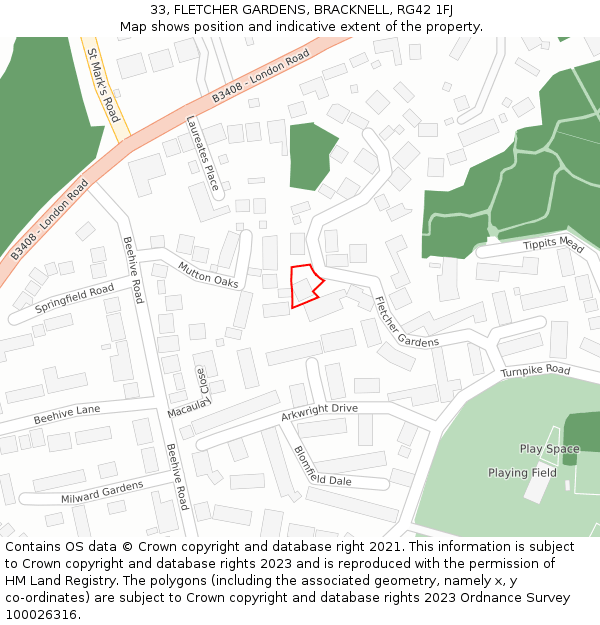 33, FLETCHER GARDENS, BRACKNELL, RG42 1FJ: Location map and indicative extent of plot