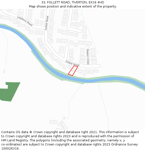 33, FOLLETT ROAD, TIVERTON, EX16 4HD: Location map and indicative extent of plot