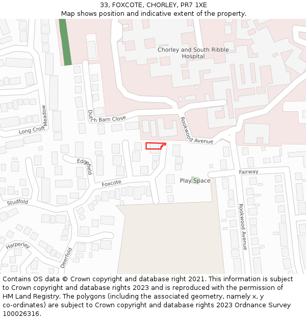 33, FOXCOTE, CHORLEY, PR7 1XE: Location map and indicative extent of plot