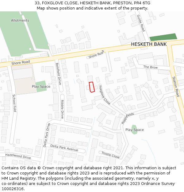 33, FOXGLOVE CLOSE, HESKETH BANK, PRESTON, PR4 6TG: Location map and indicative extent of plot