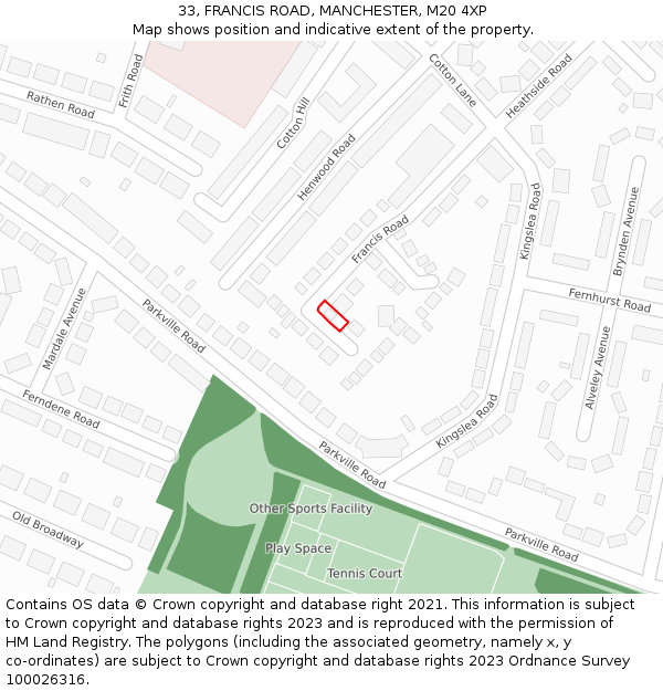 33, FRANCIS ROAD, MANCHESTER, M20 4XP: Location map and indicative extent of plot