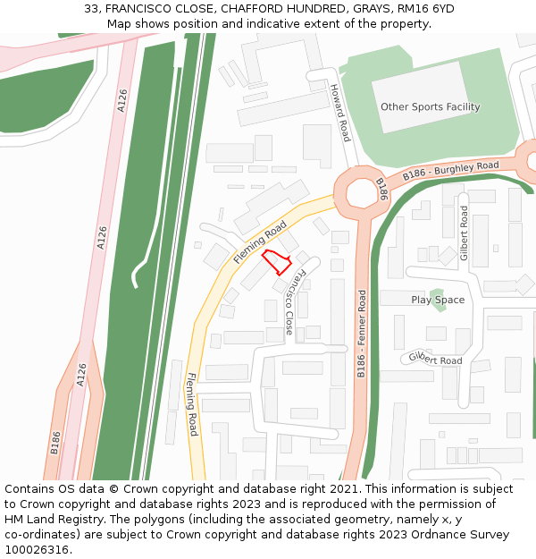 33, FRANCISCO CLOSE, CHAFFORD HUNDRED, GRAYS, RM16 6YD: Location map and indicative extent of plot