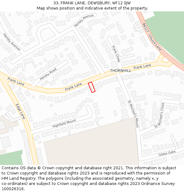 33, FRANK LANE, DEWSBURY, WF12 0JW: Location map and indicative extent of plot