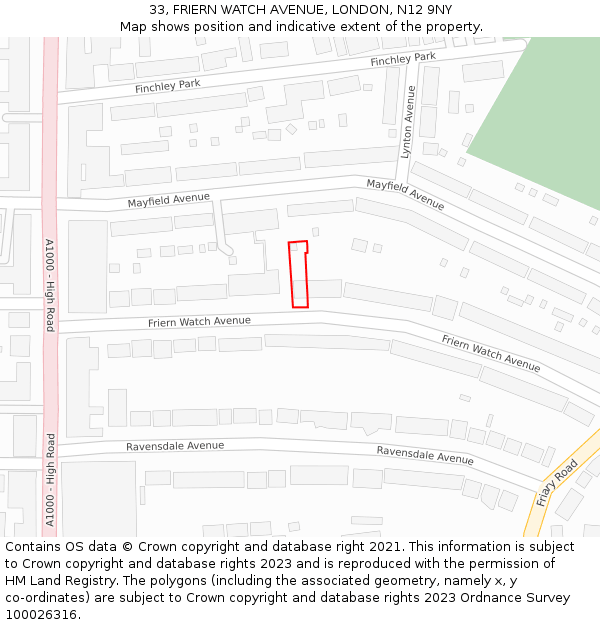 33, FRIERN WATCH AVENUE, LONDON, N12 9NY: Location map and indicative extent of plot