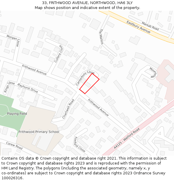 33, FRITHWOOD AVENUE, NORTHWOOD, HA6 3LY: Location map and indicative extent of plot