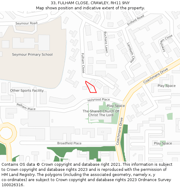 33, FULHAM CLOSE, CRAWLEY, RH11 9NY: Location map and indicative extent of plot