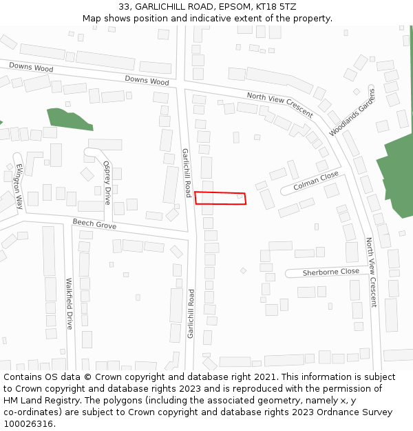 33, GARLICHILL ROAD, EPSOM, KT18 5TZ: Location map and indicative extent of plot