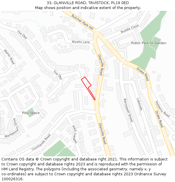33, GLANVILLE ROAD, TAVISTOCK, PL19 0ED: Location map and indicative extent of plot