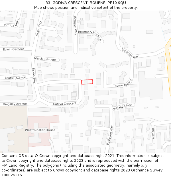 33, GODIVA CRESCENT, BOURNE, PE10 9QU: Location map and indicative extent of plot
