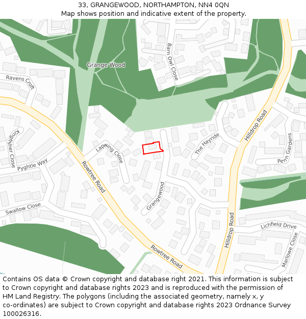 33, GRANGEWOOD, NORTHAMPTON, NN4 0QN: Location map and indicative extent of plot