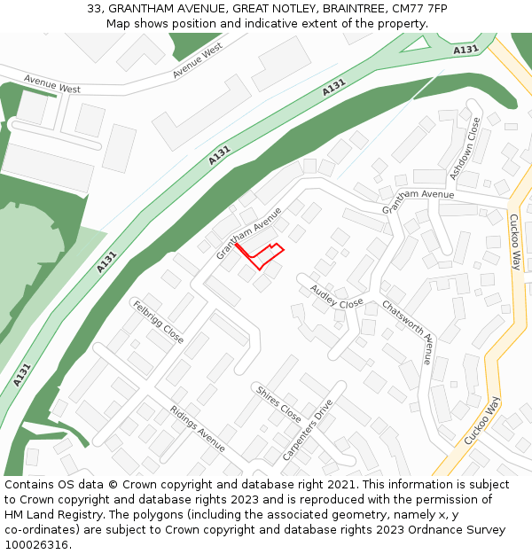 33, GRANTHAM AVENUE, GREAT NOTLEY, BRAINTREE, CM77 7FP: Location map and indicative extent of plot