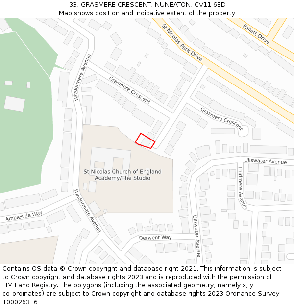 33, GRASMERE CRESCENT, NUNEATON, CV11 6ED: Location map and indicative extent of plot