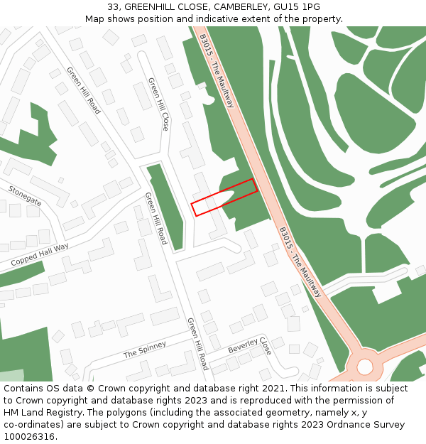 33, GREENHILL CLOSE, CAMBERLEY, GU15 1PG: Location map and indicative extent of plot