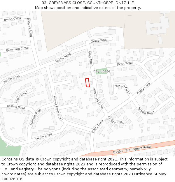 33, GREYFRIARS CLOSE, SCUNTHORPE, DN17 1LE: Location map and indicative extent of plot