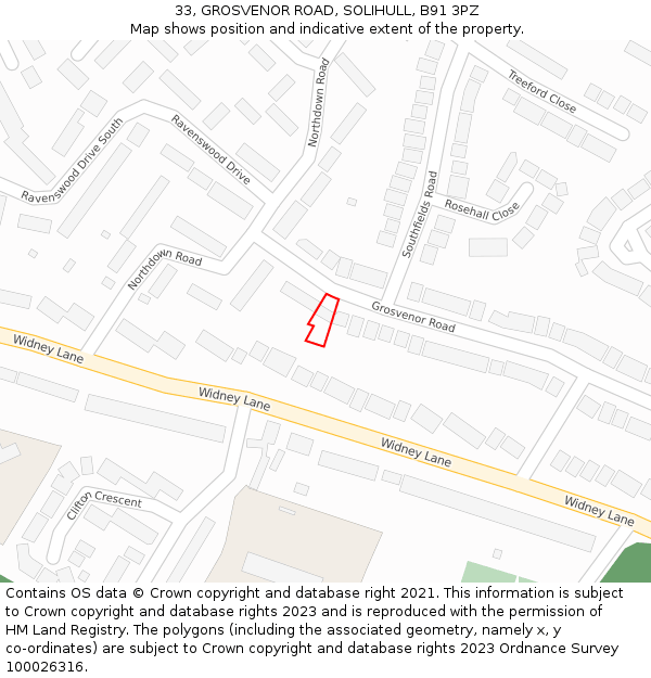 33, GROSVENOR ROAD, SOLIHULL, B91 3PZ: Location map and indicative extent of plot