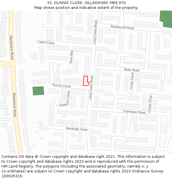 33, GUNNIS CLOSE, GILLINGHAM, ME8 9TG: Location map and indicative extent of plot