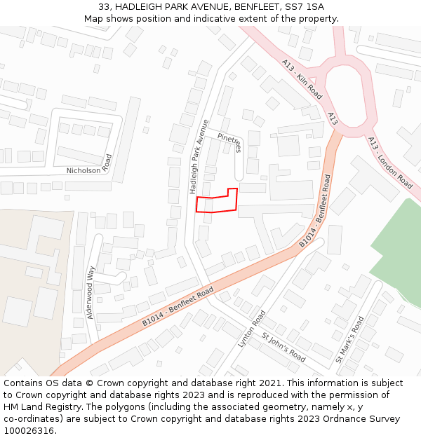 33, HADLEIGH PARK AVENUE, BENFLEET, SS7 1SA: Location map and indicative extent of plot