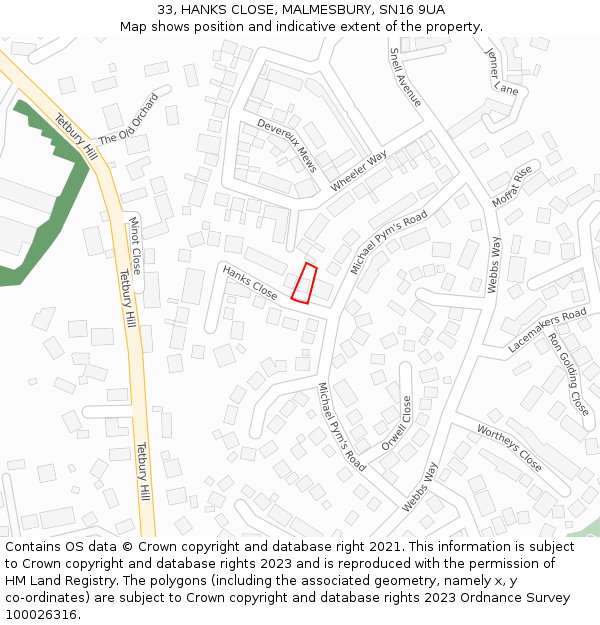 33, HANKS CLOSE, MALMESBURY, SN16 9UA: Location map and indicative extent of plot