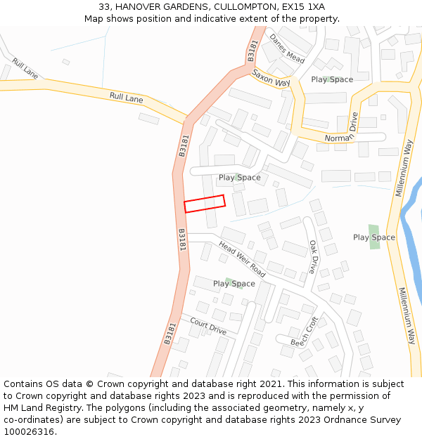 33, HANOVER GARDENS, CULLOMPTON, EX15 1XA: Location map and indicative extent of plot