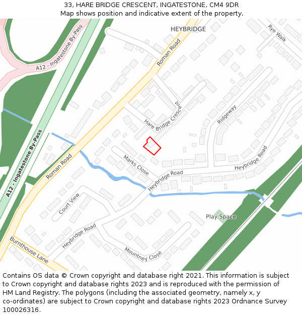 33, HARE BRIDGE CRESCENT, INGATESTONE, CM4 9DR: Location map and indicative extent of plot