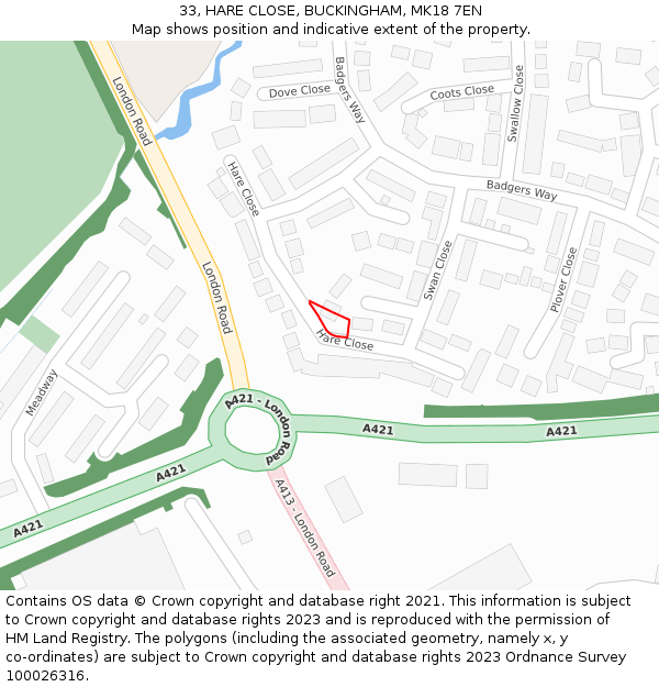 33, HARE CLOSE, BUCKINGHAM, MK18 7EN: Location map and indicative extent of plot