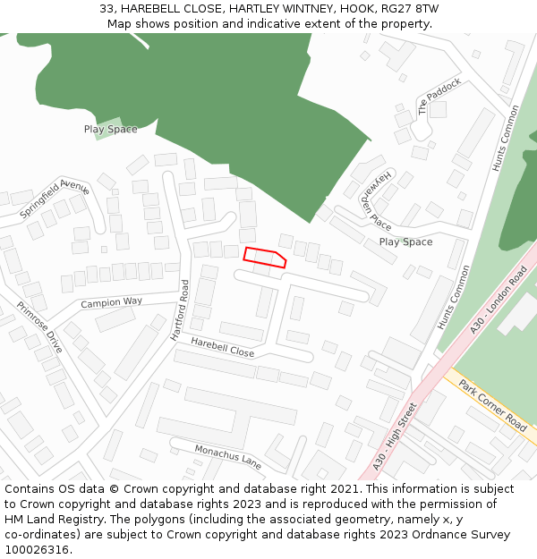 33, HAREBELL CLOSE, HARTLEY WINTNEY, HOOK, RG27 8TW: Location map and indicative extent of plot